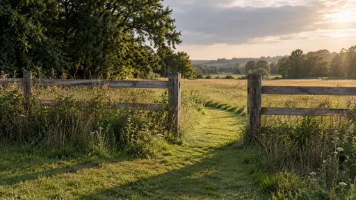 A long timber fence runs across a field edge in overcast light with one deliberate gap between two posts where a mown path continues through to the meadow beyond, the fence closed on both sides of the gap.