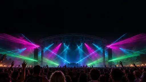 A crowd of adults seen from behind with raised arms faces a wide empty stage with a plain truss arch while thin magenta, cyan and green laser beams fan through haze above a clean dark top band.