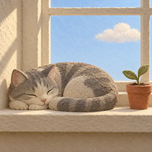 A grey tabby cat of matted fiber clay curled asleep on a cream windowsill, a terracotta pot with a green sprout beside it and a window with blue sky and one cloud.