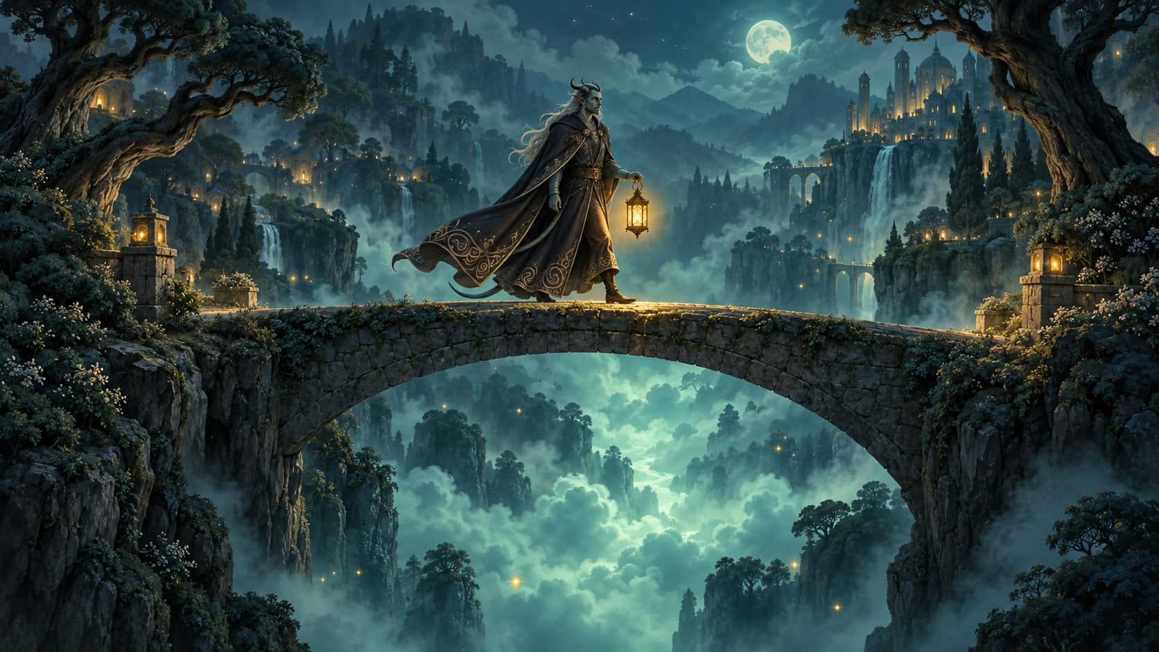 A fictional demon with teal grey skin and small curved horns in a long cloak carries a lantern across a narrow arched stone bridge over a glowing teal misty chasm.