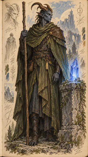 A fictional demon in a layered olive cloak with curved copper horns guards a stone plinth holding a plain glowing blue crystal with a long staff in hand in a sketchbook concept.