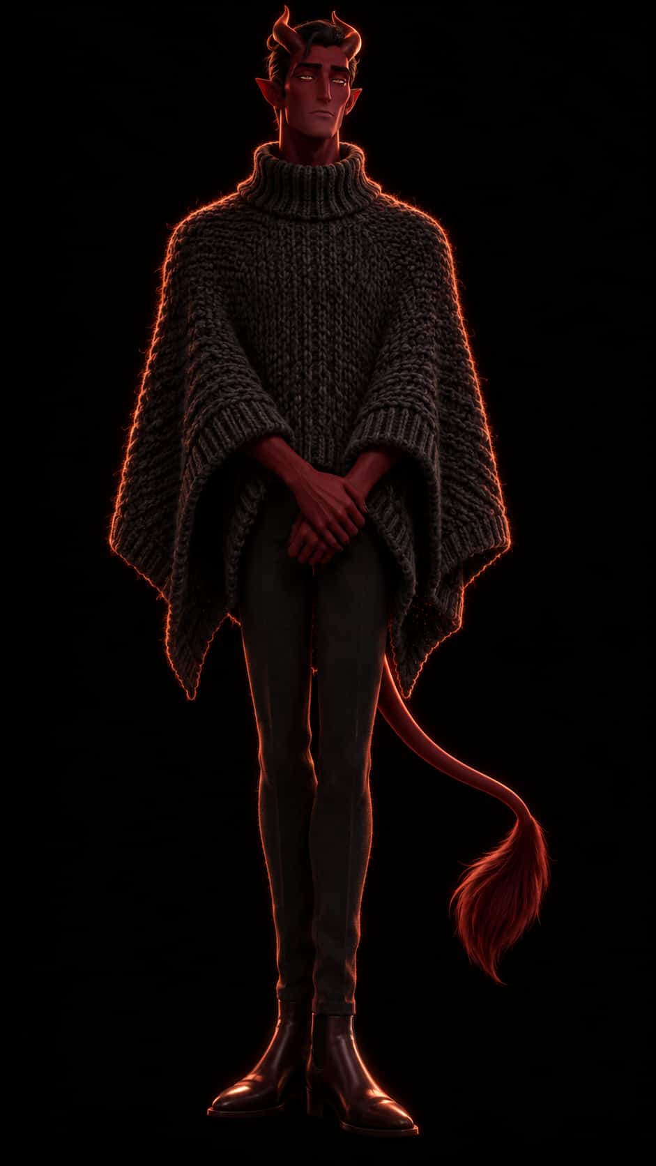 A fictional adult coded demon with burgundy skin and short swept back horns stands calmly in a chunky charcoal knit poncho lit by a red orange rim light in darkness.
