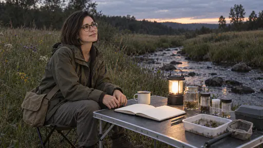 A slim woman with a sleek dark bob and round tortoiseshell glasses in a waterproof olive jacket sits on a folding stool at a small camp table at dusk with a blank notebook open under a lamp, a mug of tea and neatly lined-up jars and samples looking toward the stream with a satisfied tired look.