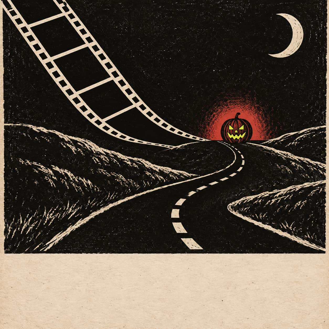 Linocut cinema-style poster in which a black film strip with pale sprocket holes sweeps down from the top of the frame and becomes a narrow country road; the road runs between low hills to a single glowing jack-o'-lantern on a distant crest under a carved crescent moon. Halloween cinema poster design with an empty title band below.