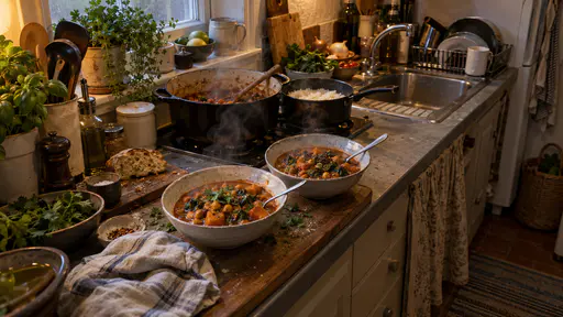 In warm evening lamp light two bowls of finished one-pot stew with a spoon in each stand on the shared worktop of a small kitchen beside a folded tea towel and a bread end with steam still rising and the stew pot and a small pan of rice behind them on the hob.