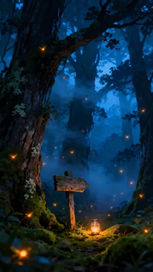 A vertical 9:16 night scene of fireflies lighting a misty forest, their warm amber pinpoints weaving through cool deep-blue and green foliage to create a serene, magical atmosphere.
