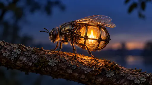 Firefly: a small beetle-like fly rests in side view on a rough twig against a deep blue dusk. Its abdomen is a miniature glass lantern joined smoothly to the thorax, the little panes set in fine dark metal ribs, and a single warm flame burns steadily inside the glass. The lantern's glow washes…