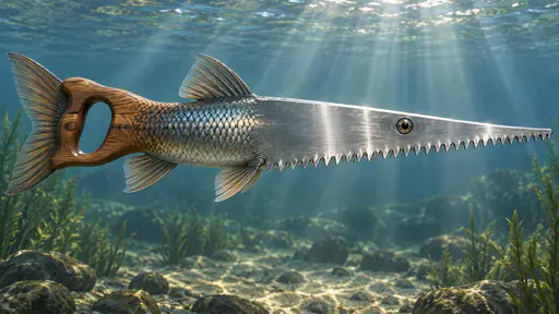Sawfish: a surreal underwater product-style view of a single fish in full side profile whose upper body and tapering snout are a polished handsaw blade with regular teeth along the lower edge, its wooden saw handle integrated into the tail, fins growing from the same steel and wood as one…