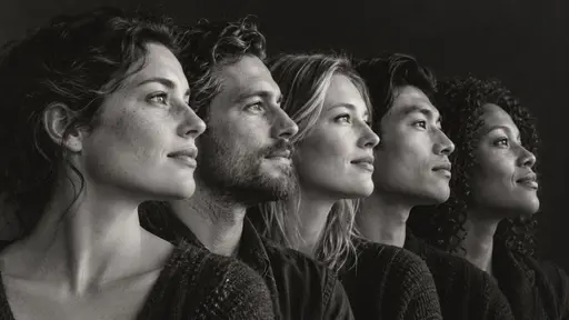 A group of five adult friends in black and white profile with their faces overlapping in a nested row from front to back all gazing the same direction in shared camaraderie.