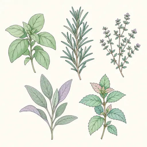 Five separate herb sprigs, basil, rosemary, thyme, sage and mint, are drawn with fine black contours and flat pastel fills spaced evenly on an ivory ground with wide margins.