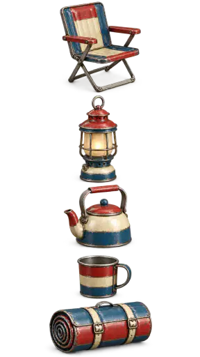 Five separate painted tin campground toys, a folding camp chair, a lantern, a kettle, a tin cup and a rolled sleeping bag, are shown as a matching set on transparent alpha.