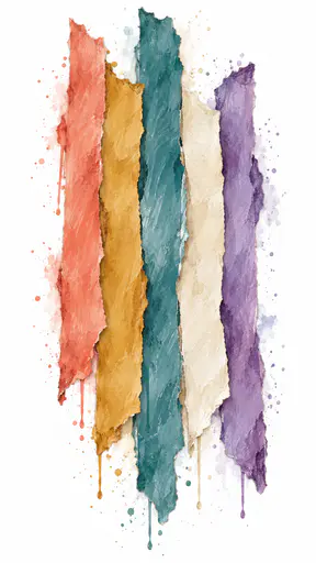 Five long torn strips of blank paper in coral, ochre, teal, cream and violet hang in a loose column with ragged ends and paint drips on white in loose gouache.