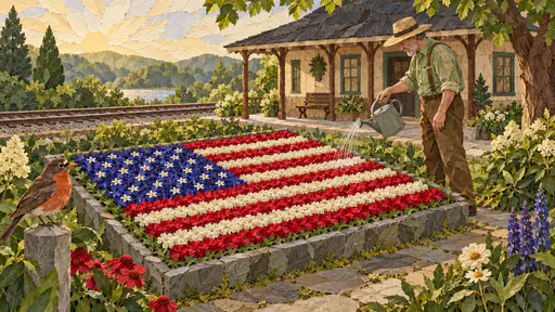 Garden outside a station house planted as a flag with blue lobelia canton and star flowers.