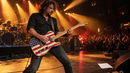 Guitarist on stage playing an electric guitar painted as a flag with canton headstock. Thirteen stripes and a neat canton play loud.