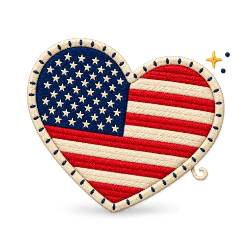 Die cut heart sticker filled with thirteen flag stripes and a blue star canton with stitched border.