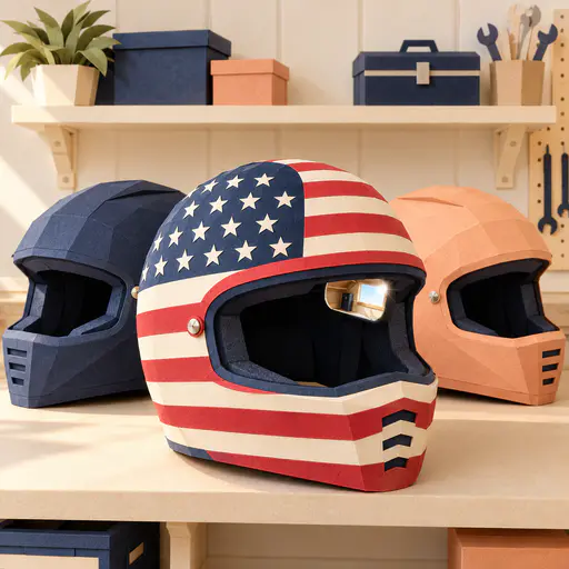 Single flag patterned helmet with canton crown sitting among plain helmets on a garage shelf.