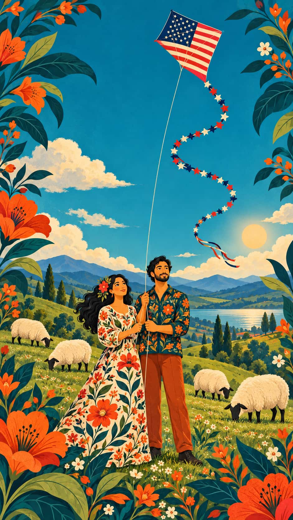 Kite patterned as a flag with a star mini kite tail dancing over a green hill. Thirteen stripes and a neat canton stand pure.