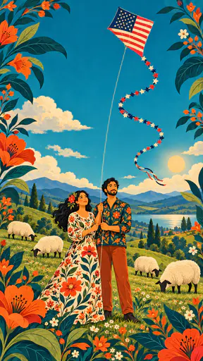 Kite patterned as a flag with a star mini kite tail dancing over a green hill. Thirteen stripes and a neat canton stand pure.