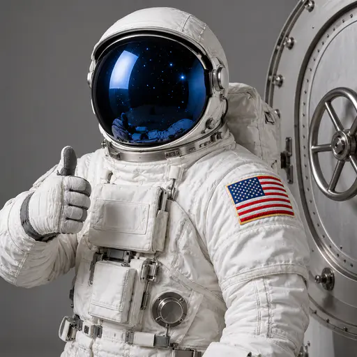 Adult astronaut suit showing a crisp flag shoulder patch with stripes and blue canton. Thirteen stripes and a neat canton dream skyward.