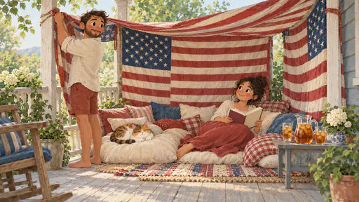 Flag quilts draped between porch posts forming a shady reading fort with cushions. Thirteen stripes and a neat canton join the party.