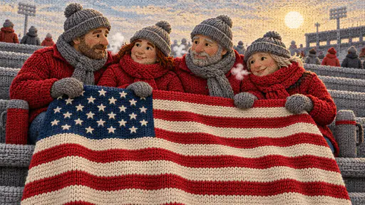 Bleacher seats with adults sharing a flag patterned quilt with canton at the top row. Thirteen stripes and a neat canton fire the crowd.