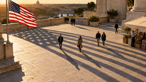 Plaza crossed by the crisp shadow of a raised flag with star shadows pooling blue. Thirteen stripes and a neat canton stand pure.
