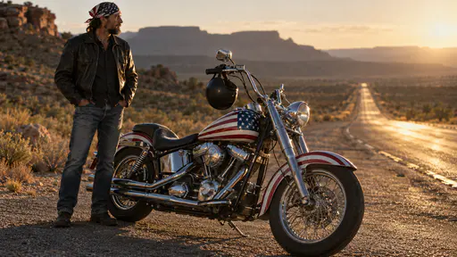 Adult rider beside a parked motorcycle with a flag painted tank and fenders on a highway. Thirteen stripes and a neat canton shine for the road.