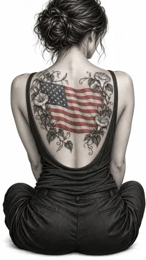 Back view of an adult with a large flag tattoo along the spine and a star canton on the shoulder blade.