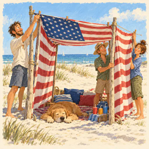Beach shade fort of flag patterned towels with stripes as walls and canton as roof. Thirteen stripes and a neat canton meet sun and water.