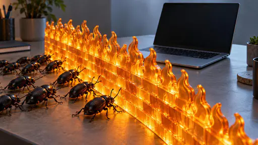 Firewall: a low wall of translucent flame-shaped bricks glowing amber on a desk, blocking a row of small black beetles from reaching an open laptop behind it.