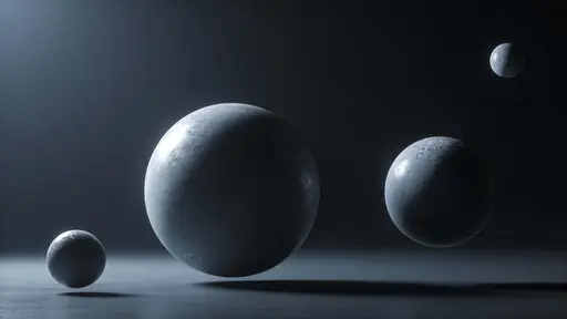Four floating spheres arranged in a 16:9 minimalist 3D-render composition with deep negative space, subtle reflections and cool directional lighting for wallpaper or poster.