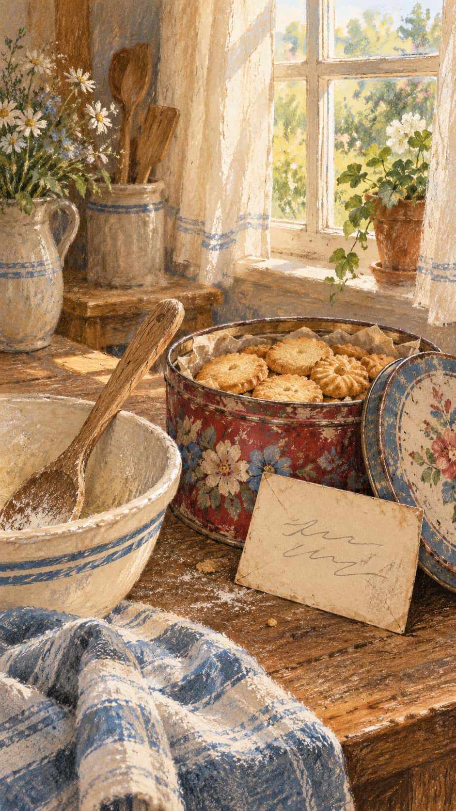 A dented floral cookie tin with butter cookies, a pencil scribbled envelope, a mixing bowl and an old wooden spoon sit on a kitchen table in chalky pastel storybook style.