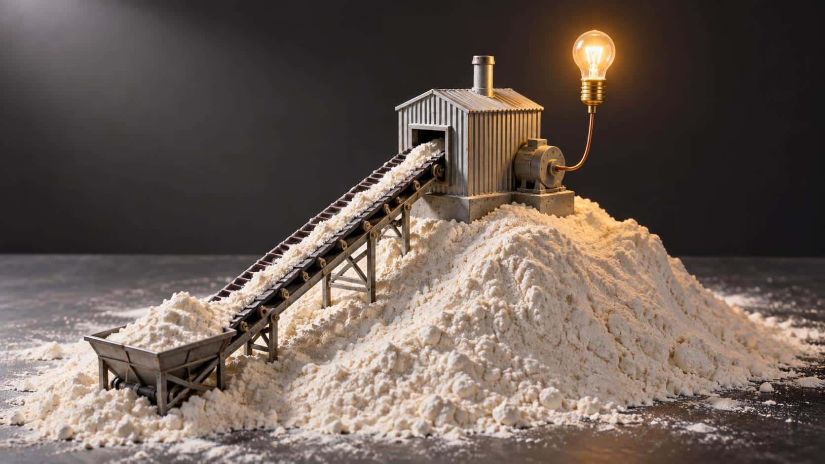 Flour power: a miniature power station perched on a mound of white baking flour, a tiny generator hut with a conveyor ramp climbing into its intake and a single bare bulb glowing warm on a thin brass stem against a dark studio surround.