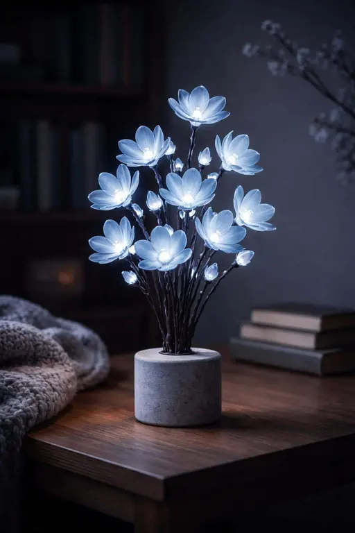 Single glowing blue flower lamp photographed as a tabletop still-life in soft low-key product photography, framed for a 2:3 portrait ratio with careful crop guidance.