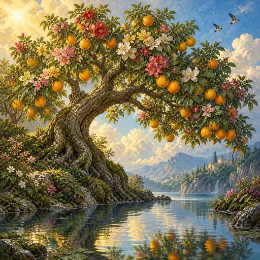 A flowering citrus tree arches over a quiet pool, with jewel-colored blossoms, golden fruit, textured bark, and luminous clouds painted in warm oils.