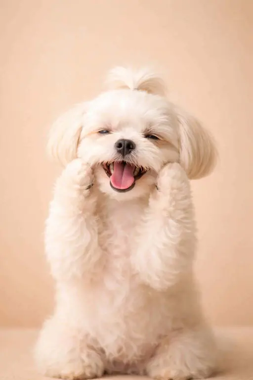 Close framed portrait of a small fluffy white dog photographed as a vertical 2:3 wallpaper-style image with warm beige background and soft studio lighting.