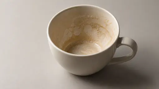 One near-empty plain cup in soft even light shows only a thin residue of foam clinging in patches to its inner walls.