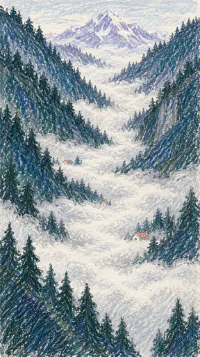A deep V shaped mountain valley with steep pine slopes is filled with white fog while a peak rises at the far end and small farm roofs show through in wax crayon.