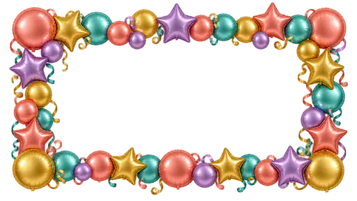 A rectangular garland of shiny round and star-shaped foil balloons in coral, gold, teal and lilac clustered along all four edges with curling ribbons and a large open transparent centre.