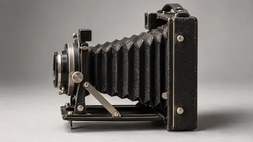 A folding camera stands with its case open showing the folded bellows drawn out between the lens board and the body with each pleat catching the raking side light on a plain surface.