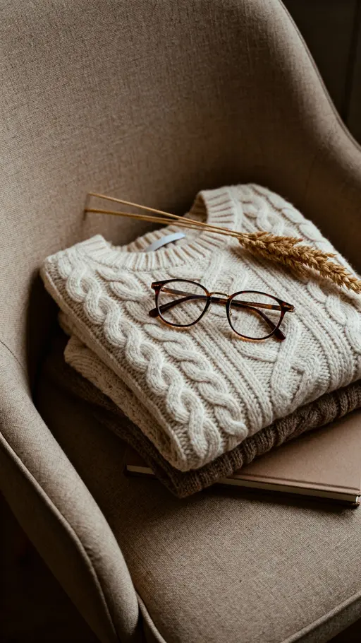 A folded knit sweater on a linen chair with thin-acetate glasses, dried wheat and a closed notebook, in warm beige, cream, chestnut, muted olive, soft gray and deep brown, lit with soft warm-biased illumination to emphasize textile relief,浅