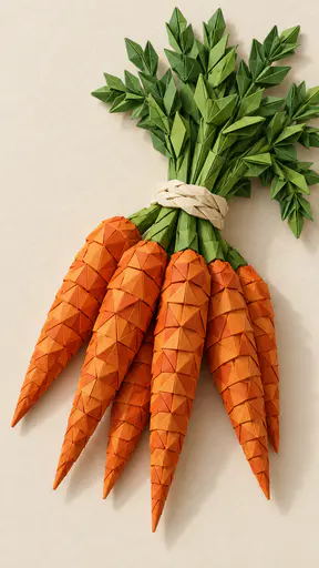A bunch of carrots built from rows of folded orange paper units with spraying green paper fronds, tied with a folded cream cord on a cream paper surface.