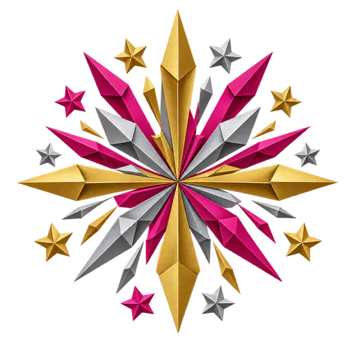 A folded-paper firework burst in gold, silver and magenta with long rays radiating from the centre and small folded-paper stars among them, on a transparent background.