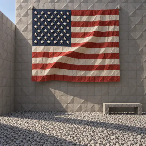 A tall American flag built from repeated folded paper modules hangs from a bare concrete courtyard wall with one deep curl across the stripes beside a plain bench.