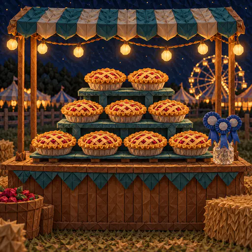 An illuminated tiered stand of lattice topped pies on a fair stall counter under warm bulbs at night built from folded paper modules with a jar of blue ribbons.