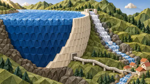 A folded-paper model of a hillside reservoir: a curved pale wall holds a block of blue water, a low pipe leaves through a grille toward terracotta village roofs, and a separate white stepped spillway runs down beside the wall.