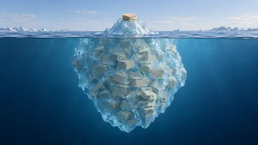 The tip of the iceberg: a tiny stack of plain folders rests on a small iceberg tip while the same ice continues below the waterline into an enormous submerged mass packed with folders.