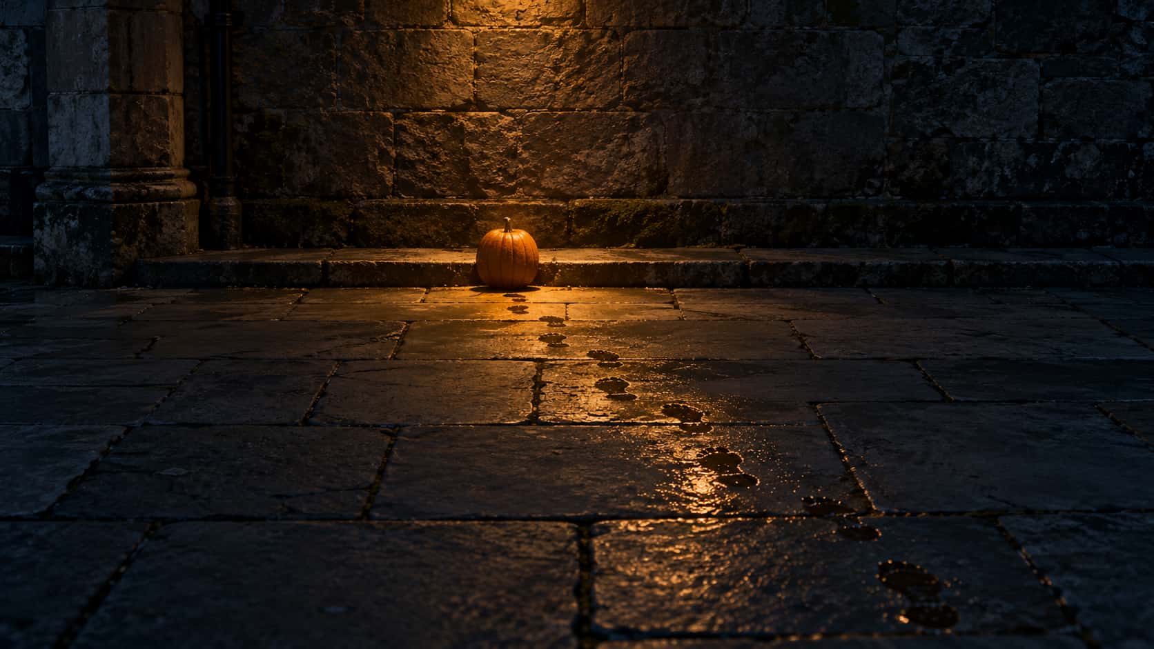 Cinematic night photograph for an eerie Halloween street background: a short trail of wet footprints crosses dry covered flagstones and stops at one small orange pumpkin lit by a single pool of amber streetlight, blue-grey shadows around, reflections following the prints on wet stone. The dark uncluttered upper wall is the declared copy zone; the subject and its light stay readable at thumbnail size.
