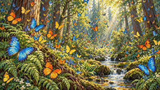 A forest full of hundreds of blue, orange and yellow butterflies fluttering among tall trees and ferns in dappled light.
