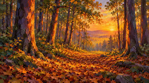 A quiet forest at sunset with tall trunks glowing orange where the low sun cuts through, a carpet of leaves and a distant clearing in warm haze.